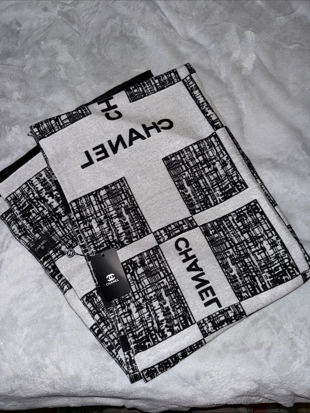 CHANEL GWP Black and White Graphic Logo Scarf